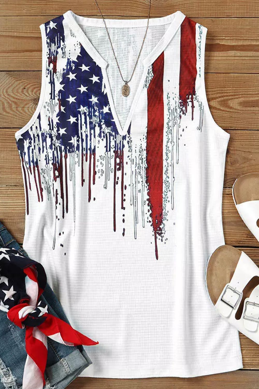 USA Flag Notched Ladies Neck Tank Top - Premium Ladies Tank Top -  Follower Of Faith Apparel American apparel, Fourth of July, Fourth of July tank top, new arrival, new arrivals, Sale, Ship From Overseas, SYNZ, USA FLAG apparel, usa flag tank, Womens tank top, Women’s USA flag tank top Shop our Christian T-Shirts & Apparel