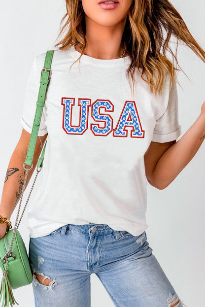 USA Graphic Embroidered Round Neck T-Shirt - Premium Ladies T-Shirt -  Follower Of Faith Apparel Ship From Overseas, SYNZ Shop our Christian T-Shirts & Apparel