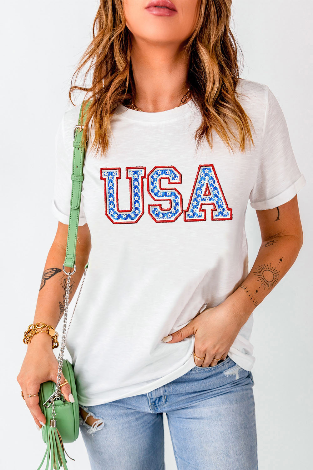 USA Graphic Embroidered Round Neck T-Shirt - Premium Ladies T-Shirt -  Follower Of Faith Apparel Ship From Overseas, SYNZ Shop our Christian T-Shirts & Apparel