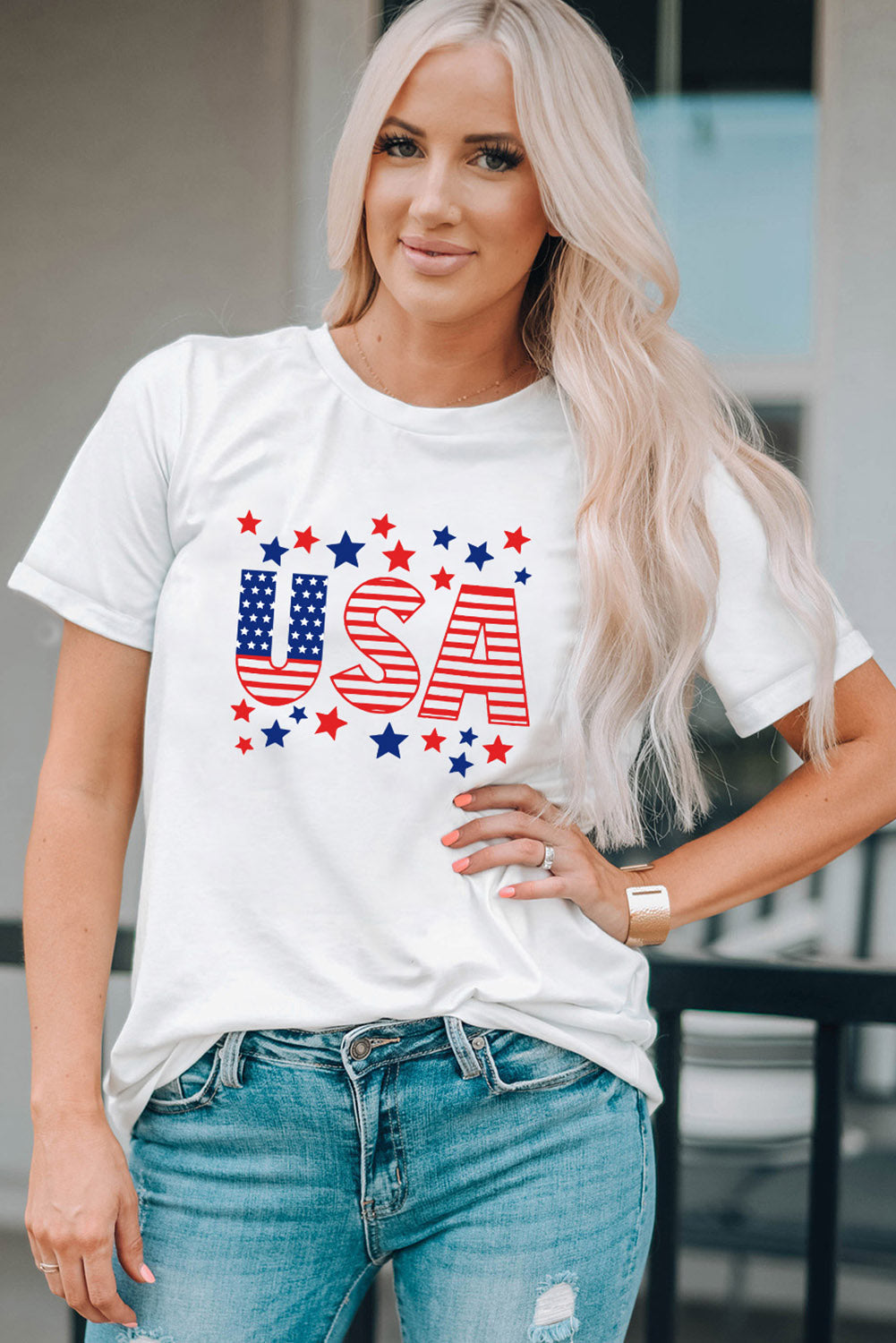 USA Star and Stripe Graphic Tee - Premium Ladies T-Shirt -  Follower Of Faith Apparel Ship From Overseas, SYNZ Shop our Christian T-Shirts & Apparel