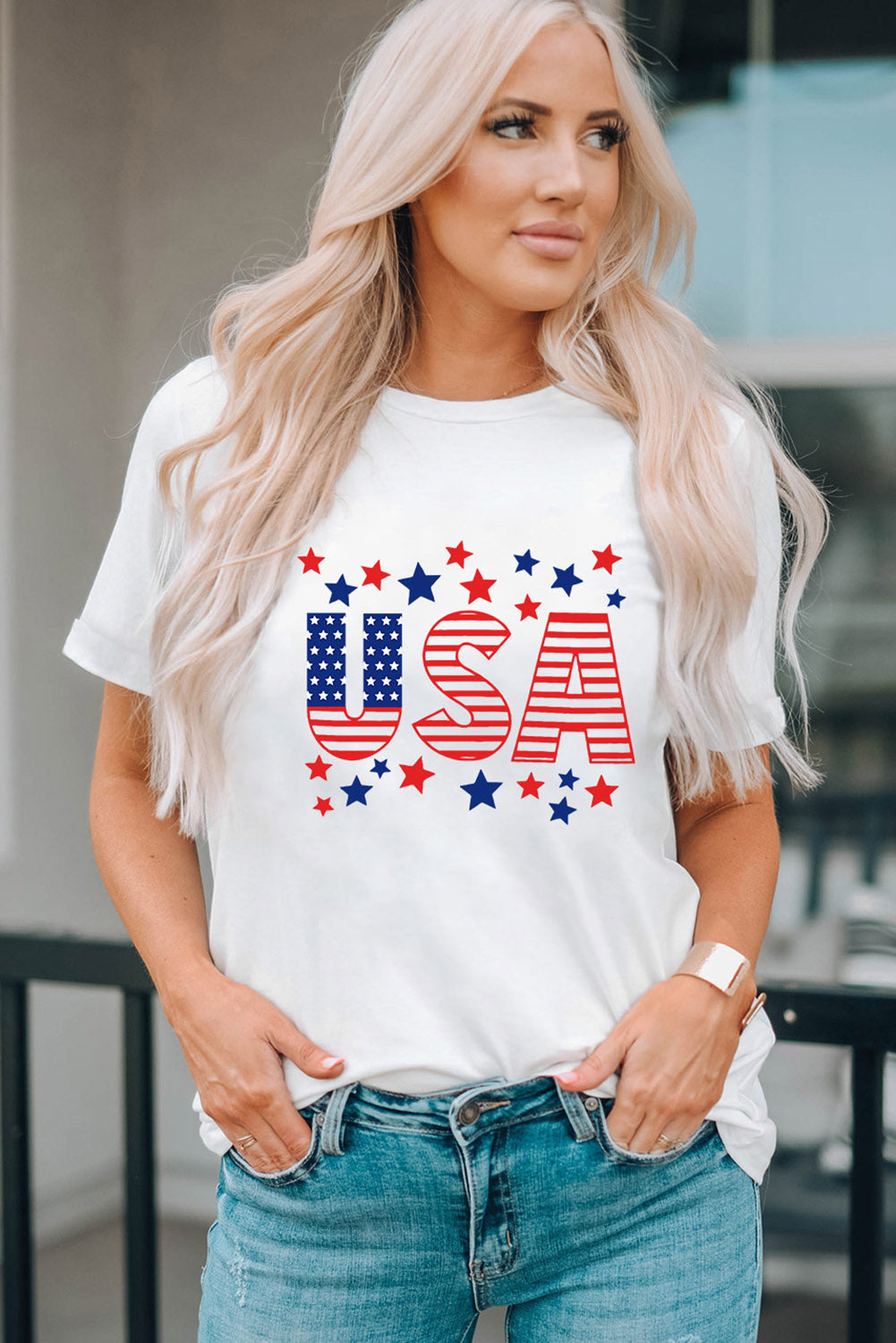 USA Star and Stripe Graphic Tee - Premium Ladies T-Shirt -  Follower Of Faith Apparel Ship From Overseas, SYNZ Shop our Christian T-Shirts & Apparel