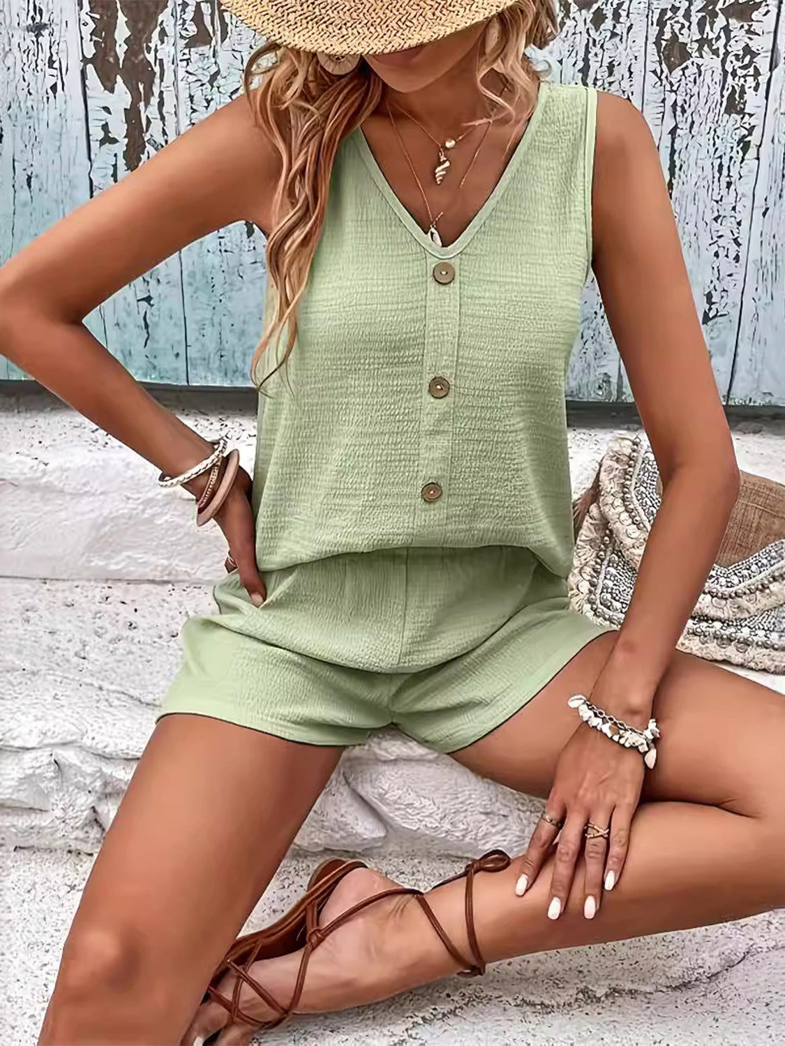 V-Neck Wide Strap Top and Shorts Set - Premium Ladies Rompers -  Follower Of Faith Apparel Ship From Overseas, Z.Y@ Shop our Christian T-Shirts & Apparel