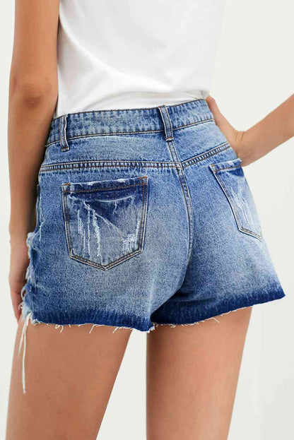 Vacay Distressed Button Fly Ladies Denim Shorts - Premium Ladies shorts -  Follower Of Faith Apparel Ladies denim, Ladies Shorts, new, new arrival, new arrivals, Sale, Ship From Overseas, Shipping delay February 8 - February 16, SYNZ, Vacation, Vacay shorts, womens apparel, Womens bottoms, Womens shorts, Womens summer shorts Shop our Christian T-Shirts & Apparel