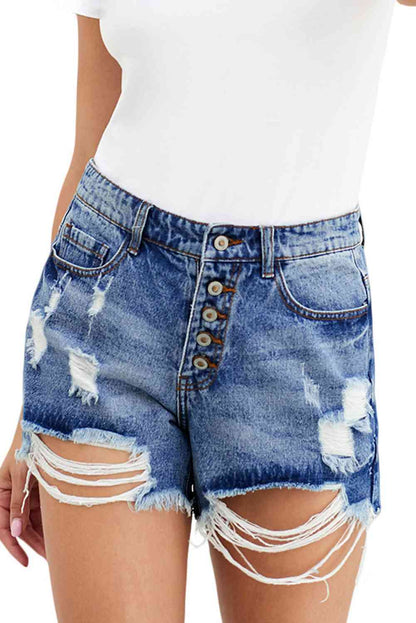 Vacay Distressed Button Fly Ladies Denim Shorts - Premium Ladies shorts -  Follower Of Faith Apparel Ladies denim, Ladies Shorts, new, new arrival, new arrivals, Sale, Ship From Overseas, Shipping delay February 8 - February 16, SYNZ, Vacation, Vacay shorts, womens apparel, Womens bottoms, Womens shorts, Womens summer shorts Shop our Christian T-Shirts & Apparel