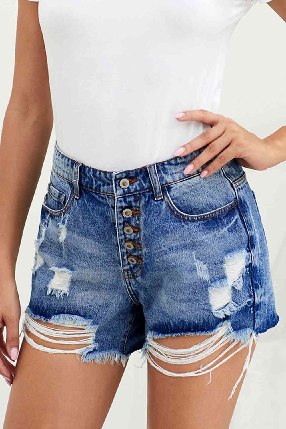 Vacay Distressed Button Fly Ladies Denim Shorts - Premium Ladies shorts -  Follower Of Faith Apparel Ladies denim, Ladies Shorts, new, new arrival, new arrivals, Sale, Ship From Overseas, Shipping delay February 8 - February 16, SYNZ, Vacation, Vacay shorts, womens apparel, Womens bottoms, Womens shorts, Womens summer shorts Shop our Christian T-Shirts & Apparel