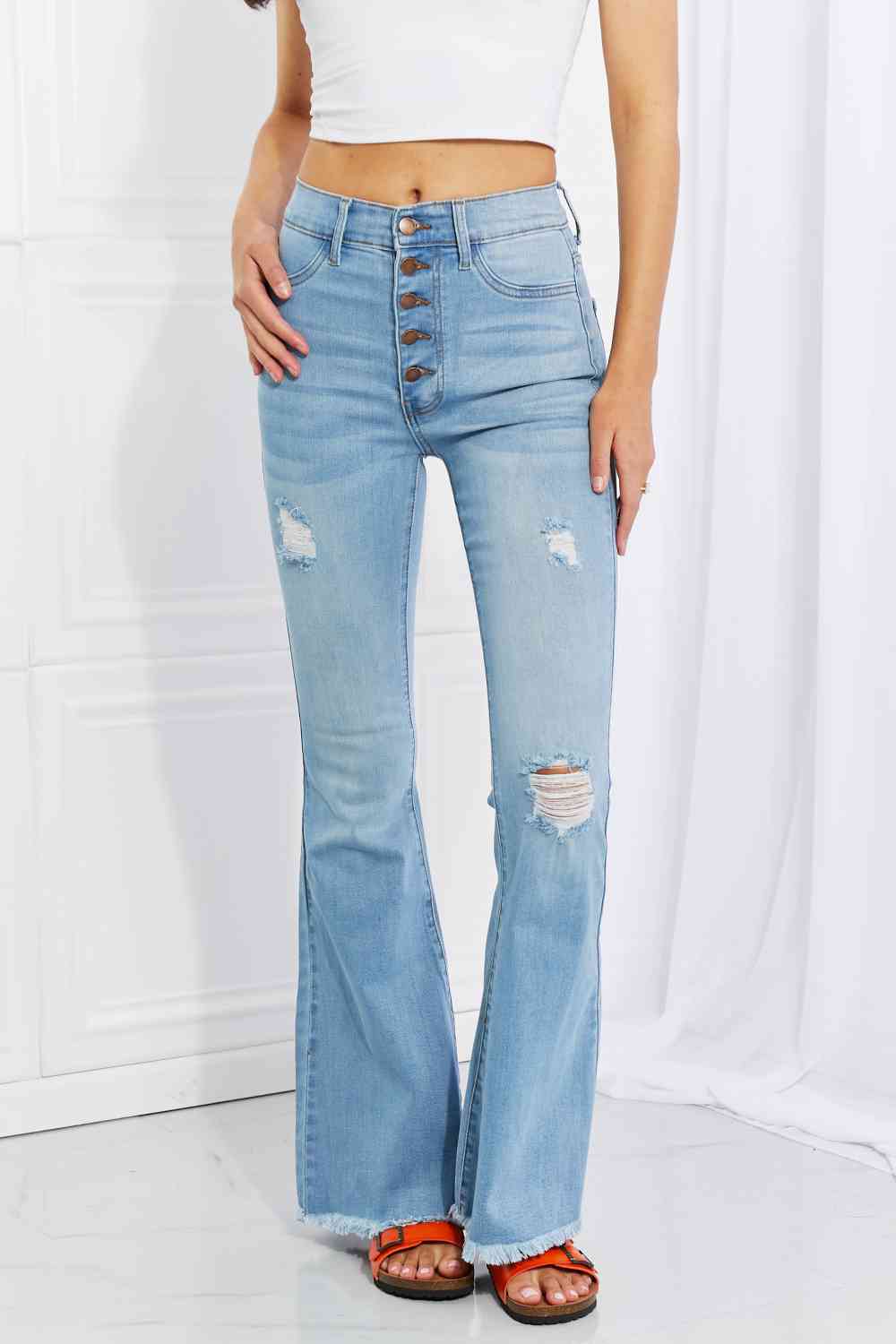 Vibrant MIU Jess Button Flare Jeans - Premium Jeans -  Follower Of Faith Apparel Black Friday, Button fly jeans, Distressed jeans, Flare jeans, Jeans, Ship from USA, Vibrant Shop our Christian T-Shirts & Apparel