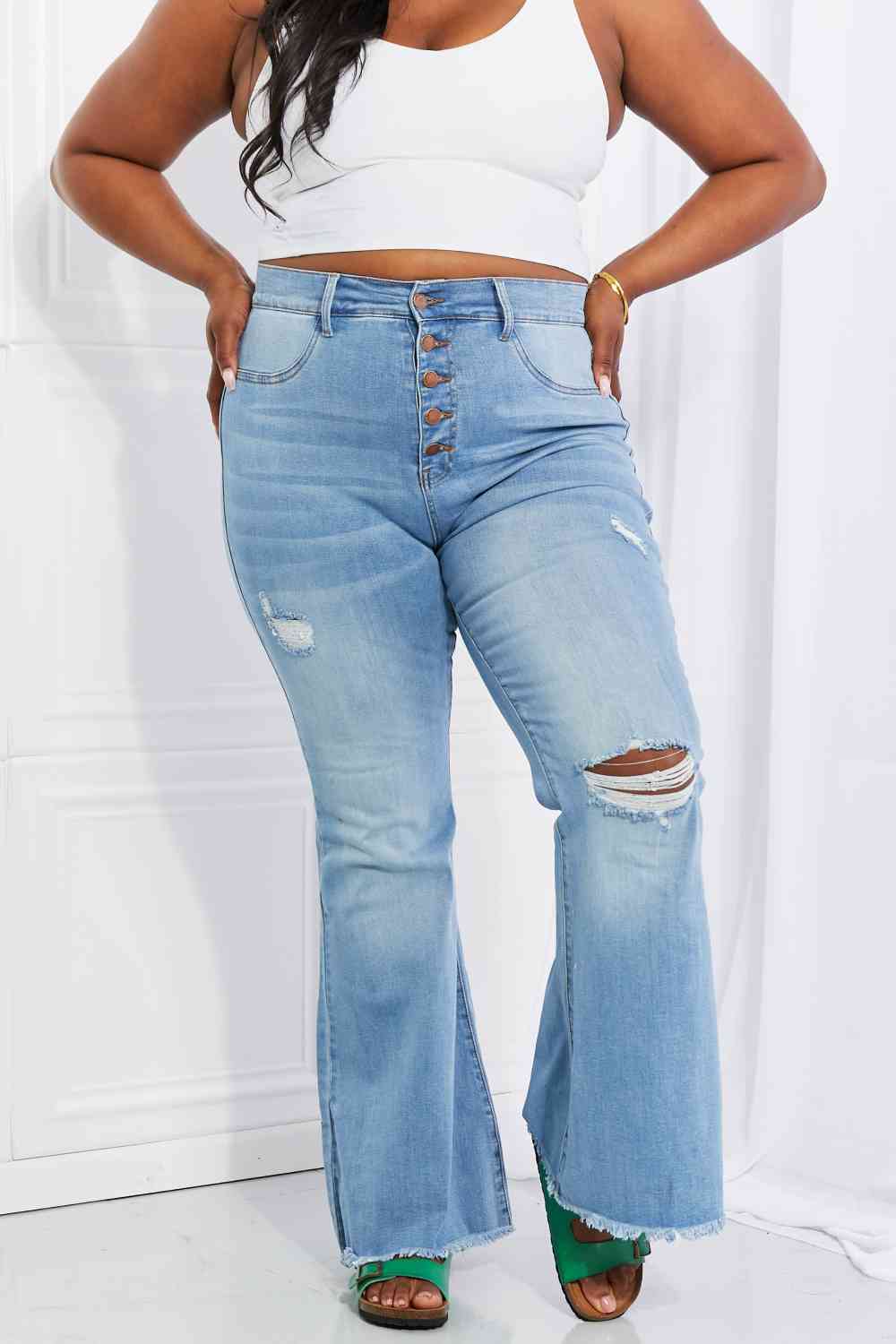 Vibrant MIU Jess Button Flare Jeans - Premium Jeans -  Follower Of Faith Apparel Black Friday, Button fly jeans, Distressed jeans, Flare jeans, Jeans, Ship from USA, Vibrant Shop our Christian T-Shirts & Apparel