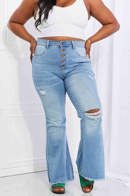 Vibrant MIU Jess Button Flare Jeans - Premium Jeans -  Follower Of Faith Apparel Black Friday, Button fly jeans, Distressed jeans, Flare jeans, Jeans, Ship from USA, Vibrant Shop our Christian T-Shirts & Apparel