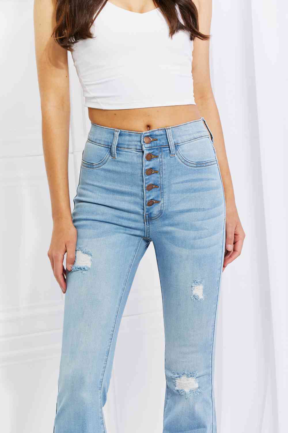 Vibrant MIU Jess Button Flare Jeans - Premium Jeans -  Follower Of Faith Apparel Black Friday, Button fly jeans, Distressed jeans, Flare jeans, Jeans, Ship from USA, Vibrant Shop our Christian T-Shirts & Apparel