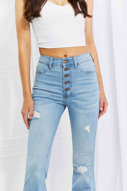 Vibrant MIU Jess Button Flare Jeans - Premium Jeans -  Follower Of Faith Apparel Black Friday, Button fly jeans, Distressed jeans, Flare jeans, Jeans, Ship from USA, Vibrant Shop our Christian T-Shirts & Apparel