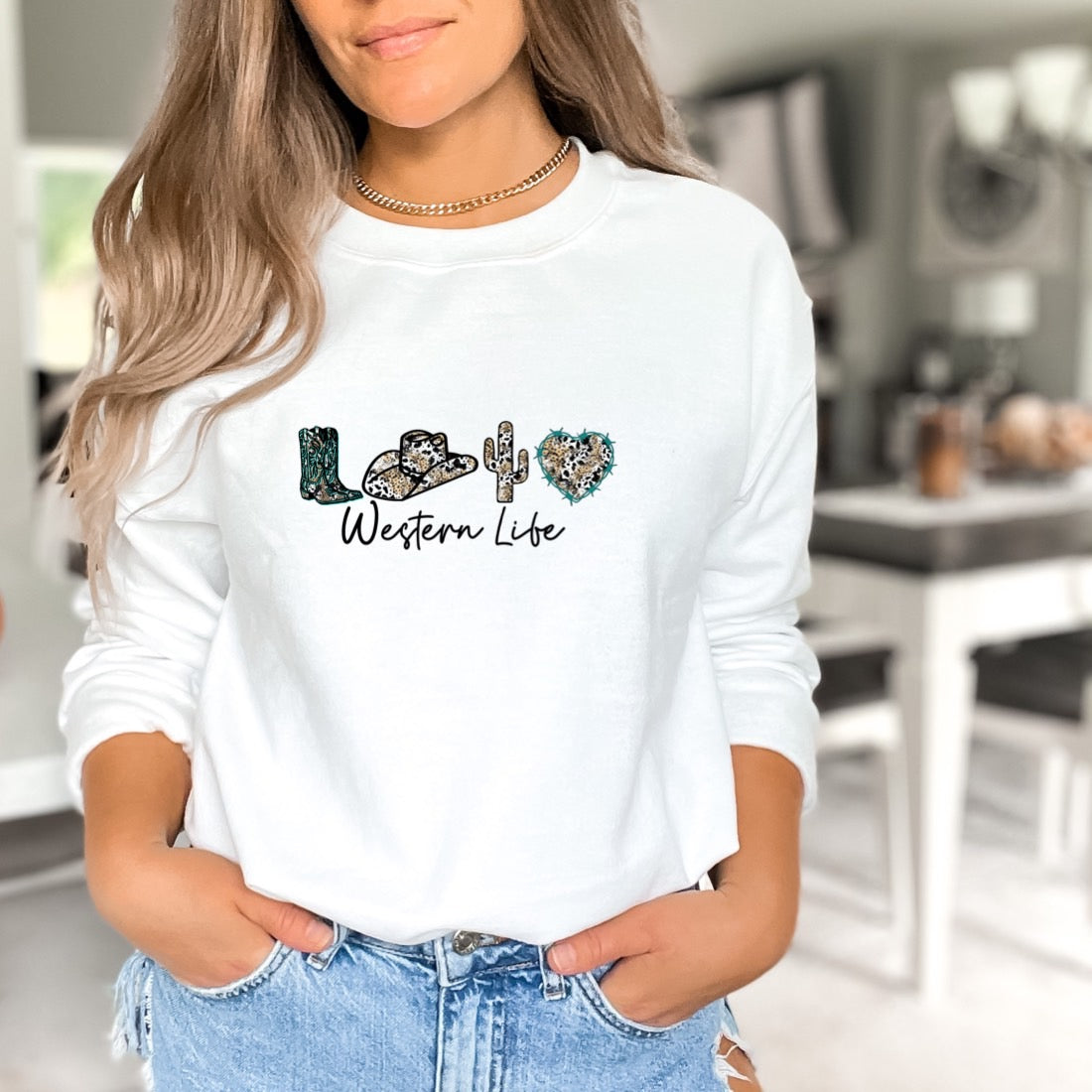 Western Life Ladies Sweatshirt - Premium Sweatshirt -  Follower Of Faith Apparel Boots hat cactus heart shirt, Cactus animal print sweatshirt, Christian cowgirl shirts, Christian cowgirl t shirts, Cowgirl apparel, Cowgirl comfy apparel, Cowgirl leopard cowhide print shirt, cowgirl life, Cowgirl sweatshirts, Cowhide, Ladies sweatshirt, Leopard, Regular fit, sand, Sweatshirts, Unisex, Western lifestyle clothing, Western sweatshirts, White, Women's Clothing Shop our Christian T-Shirts & Apparel