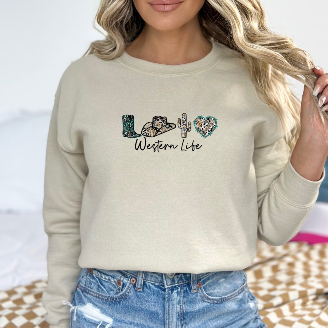 Western Life Ladies Sweatshirt - Premium Sweatshirt -  Follower Of Faith Apparel Boots hat cactus heart shirt, Cactus animal print sweatshirt, Christian cowgirl shirts, Christian cowgirl t shirts, Cowgirl apparel, Cowgirl comfy apparel, Cowgirl leopard cowhide print shirt, cowgirl life, Cowgirl sweatshirts, Cowhide, Ladies sweatshirt, Leopard, Regular fit, sand, Sweatshirts, Unisex, Western lifestyle clothing, Western sweatshirts, White, Women's Clothing Shop our Christian T-Shirts & Apparel