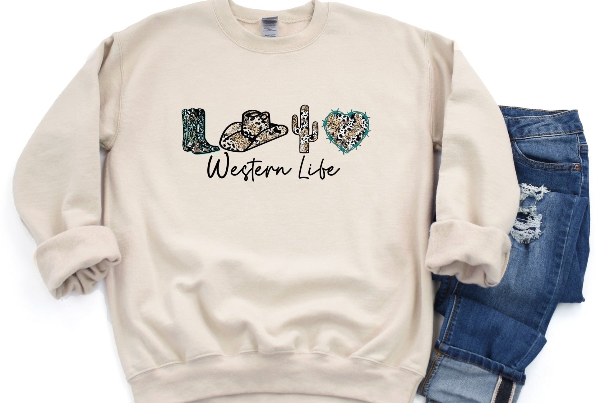 Western Life Ladies Sweatshirt - Premium Sweatshirt -  Follower Of Faith Apparel Boots hat cactus heart shirt, Cactus animal print sweatshirt, Christian cowgirl shirts, Christian cowgirl t shirts, Cowgirl apparel, Cowgirl comfy apparel, Cowgirl leopard cowhide print shirt, cowgirl life, Cowgirl sweatshirts, Cowhide, Ladies sweatshirt, Leopard, Regular fit, sand, Sweatshirts, Unisex, Western lifestyle clothing, Western sweatshirts, White, Women's Clothing Shop our Christian T-Shirts & Apparel