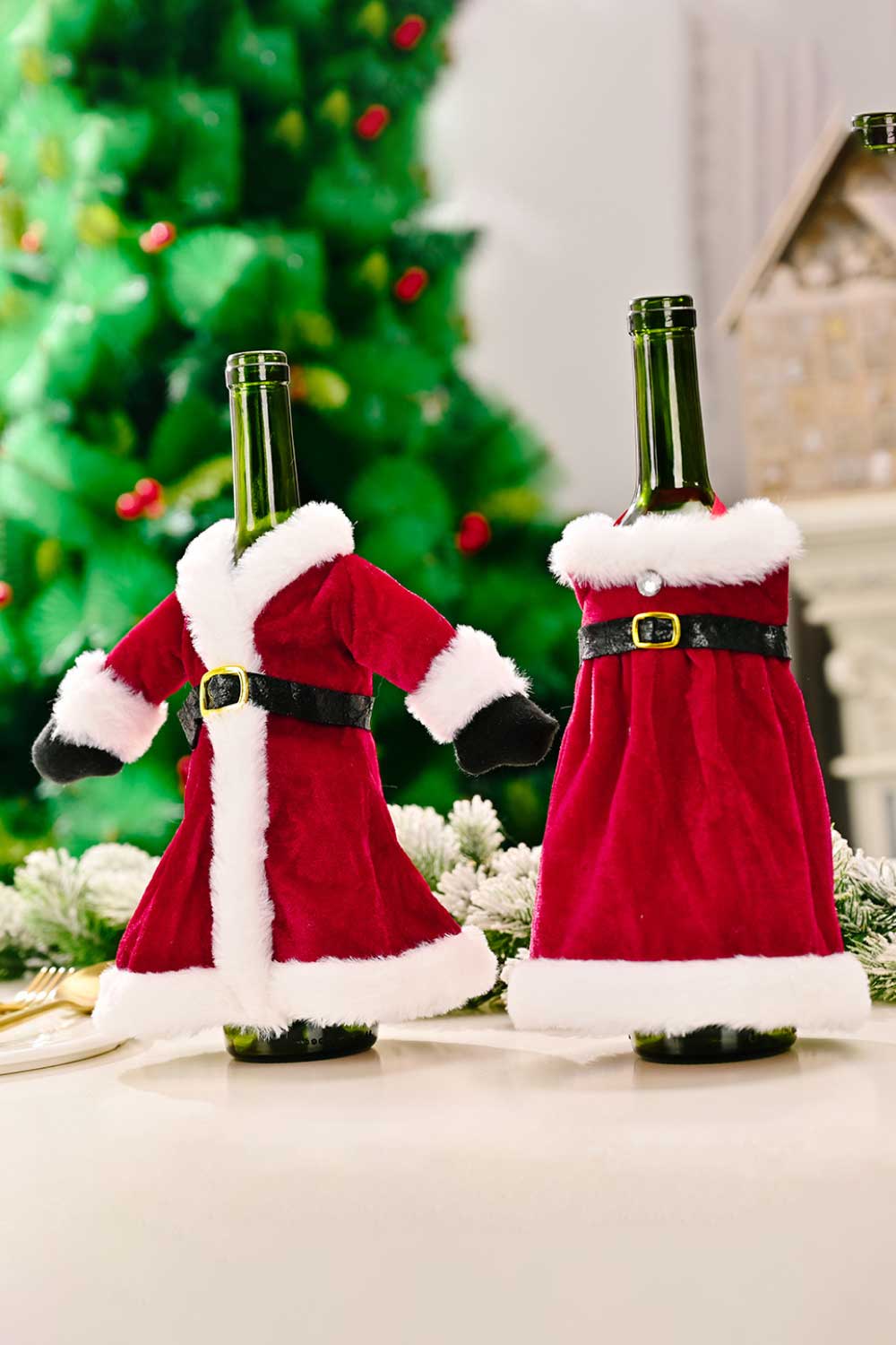 2-Pack Christmas Dress Wine Bottle Covers - Premium Home & Decor -  Follower Of Faith Apparel Christmas decor, Christmas wine gift, Gifts for Christmas, H&Bi, new, new arrival, Santa, Santa wine bottle cover, Ship From Overseas, Wine bottle Christmas decoration, Wine bottle decor, Wine bottle santa suit, Wine gift decor Shop our Christian T-Shirts & Apparel