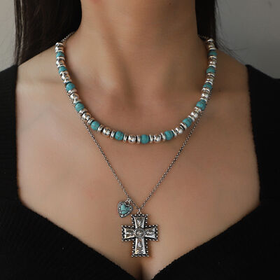 Turquoise Beaded Double-Layered Cross Heart Necklace - Follower Of Faith Apparel