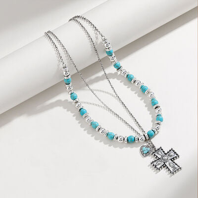 Turquoise Beaded Double-Layered Cross Heart Necklace - Follower Of Faith Apparel