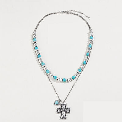 Turquoise Beaded Double-Layered Cross Heart Necklace - Follower Of Faith Apparel