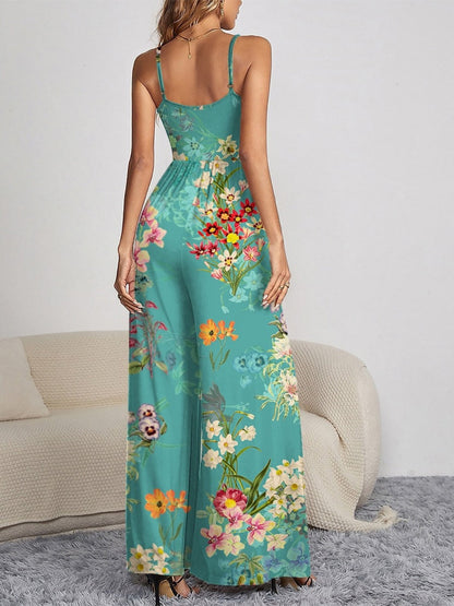 Floral Button Spaghetti Strap Wide Leg Jumpsuit - Premium Ladies Rompers -  Follower Of Faith Apparel FAM-FAM, Floral jumpsuit, Floral Ladies Romper, Ladies Romper, new arrival, new arrivals, romper jumpsuit, Romper pants, Romper pants jumpsuit, Sale, Ship From Overseas, Spaghetti Strap Romper, Vacation rompers, Womens Floral jumpsuit, Womens floral jumpsuit romper, Womens floral romper Shop our Christian T-Shirts & Apparel