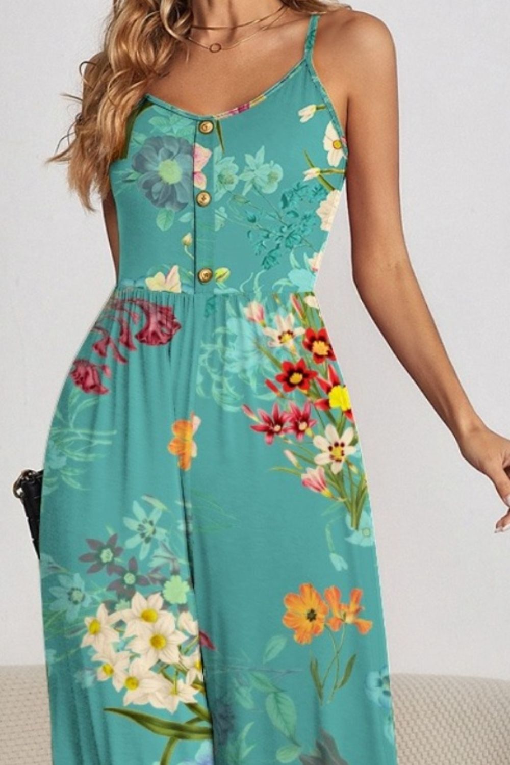 Floral Button Spaghetti Strap Wide Leg Jumpsuit - Premium Ladies Rompers -  Follower Of Faith Apparel FAM-FAM, Floral jumpsuit, Floral Ladies Romper, Ladies Romper, new arrival, new arrivals, romper jumpsuit, Romper pants, Romper pants jumpsuit, Sale, Ship From Overseas, Spaghetti Strap Romper, Vacation rompers, Womens Floral jumpsuit, Womens floral jumpsuit romper, Womens floral romper Shop our Christian T-Shirts & Apparel