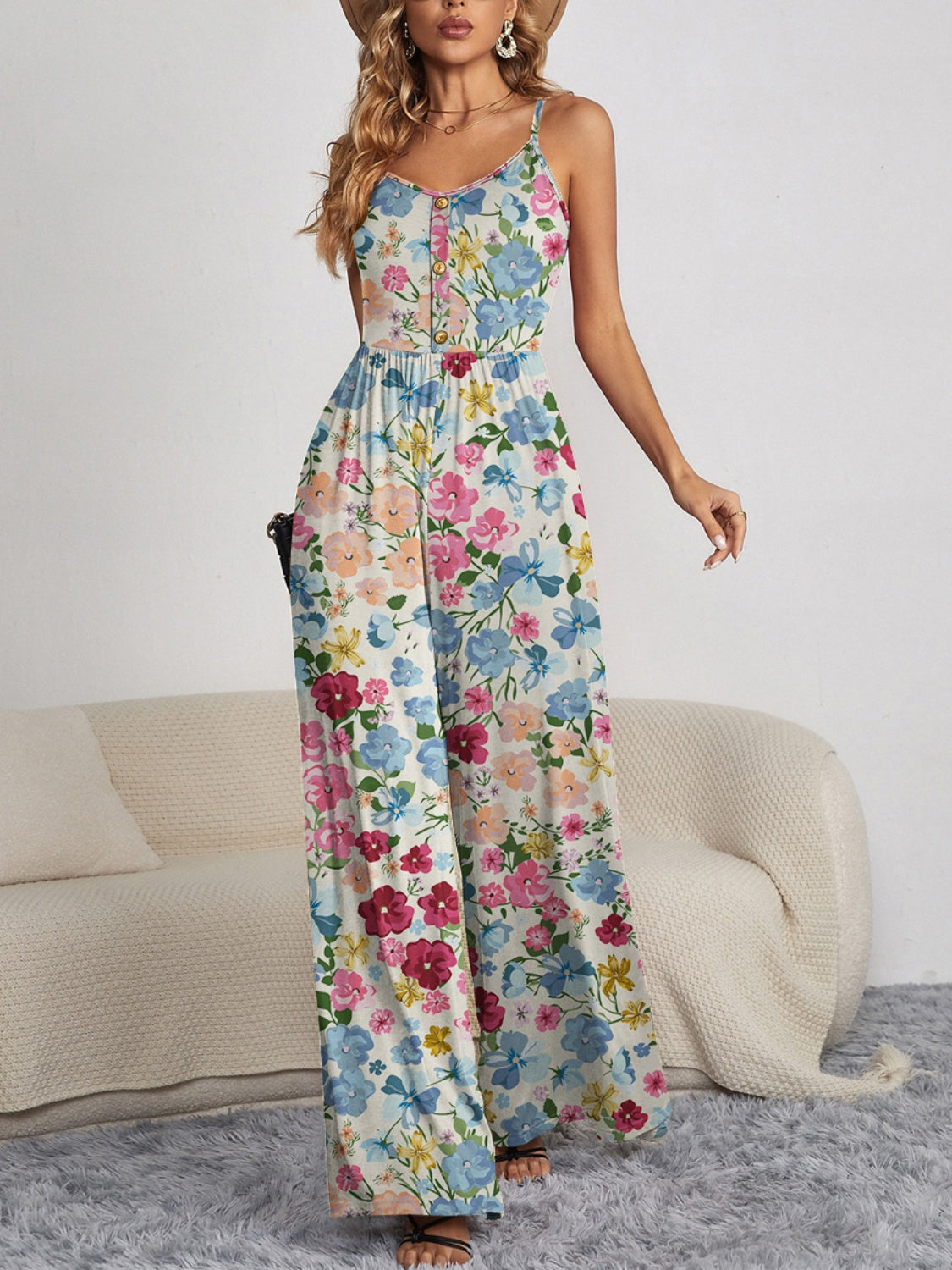 Floral Button Spaghetti Strap Wide Leg Jumpsuit - Premium Ladies Rompers -  Follower Of Faith Apparel FAM-FAM, Floral jumpsuit, Floral Ladies Romper, Ladies Romper, new arrival, new arrivals, romper jumpsuit, Romper pants, Romper pants jumpsuit, Sale, Ship From Overseas, Spaghetti Strap Romper, Vacation rompers, Womens Floral jumpsuit, Womens floral jumpsuit romper, Womens floral romper Shop our Christian T-Shirts & Apparel