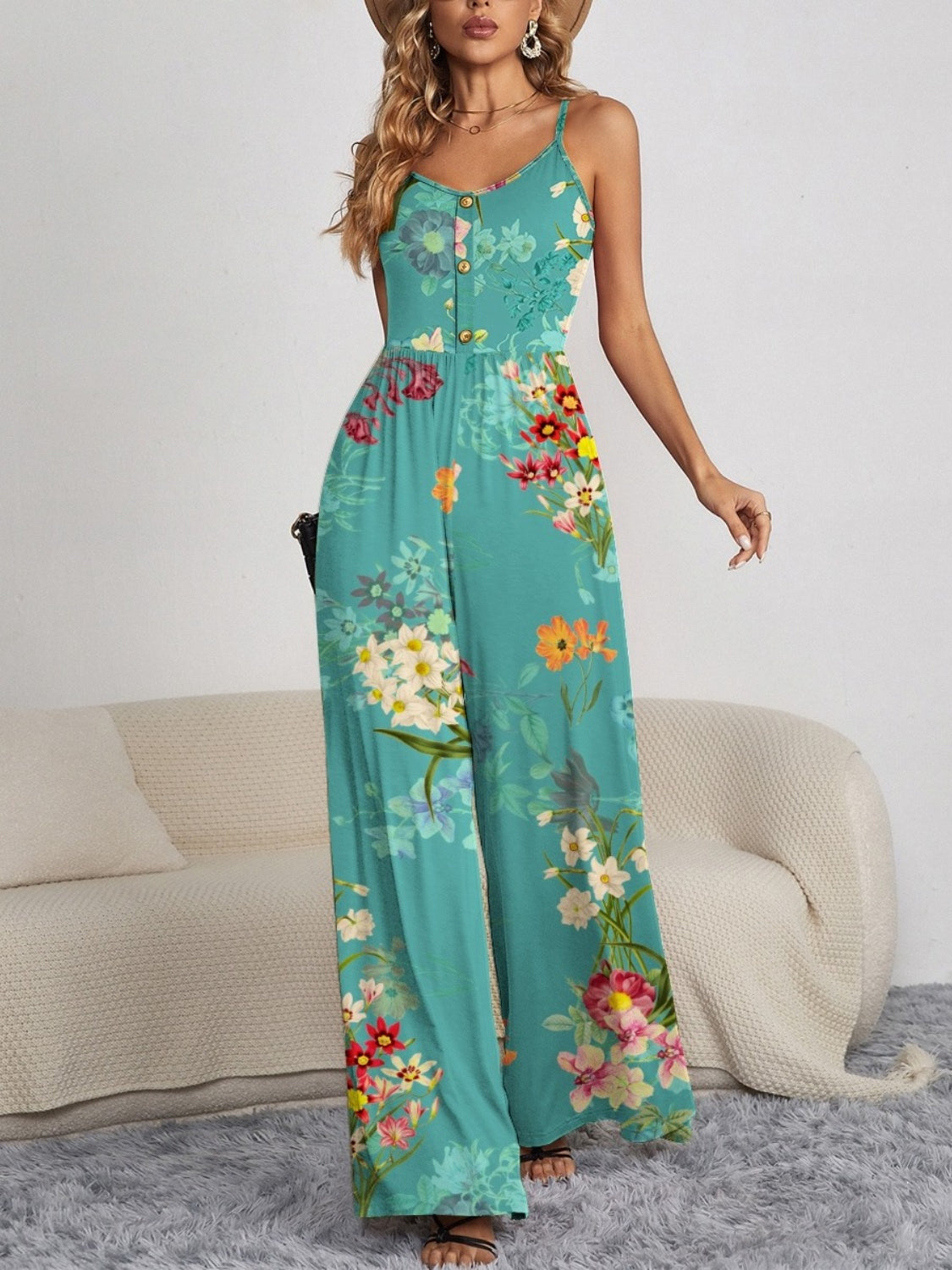 Floral Button Spaghetti Strap Wide Leg Jumpsuit - Premium Ladies Rompers -  Follower Of Faith Apparel FAM-FAM, Floral jumpsuit, Floral Ladies Romper, Ladies Romper, new arrival, new arrivals, romper jumpsuit, Romper pants, Romper pants jumpsuit, Sale, Ship From Overseas, Spaghetti Strap Romper, Vacation rompers, Womens Floral jumpsuit, Womens floral jumpsuit romper, Womens floral romper Shop our Christian T-Shirts & Apparel