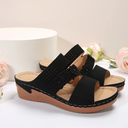 Flower PU Leather Wedge Sandals - Premium Ladies Sandals -  Follower Of Faith Apparel Beach sandals, Mid heel sandals, new arrival, new arrivals, Open toe sandals, Sale, Sandals, Ship From Overseas, Slip on sandals, Vacation sandals, Womens sandals, Women’s sandals, Women’s shoes, Y*H Shop our Christian T-Shirts & Apparel