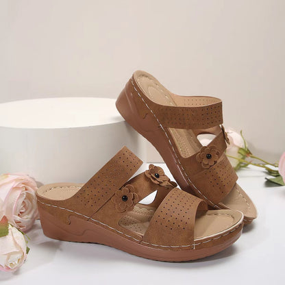 Flower PU Leather Wedge Sandals - Premium Ladies Sandals -  Follower Of Faith Apparel Beach sandals, Mid heel sandals, new arrival, new arrivals, Open toe sandals, Sale, Sandals, Ship From Overseas, Slip on sandals, Vacation sandals, Womens sandals, Women’s sandals, Women’s shoes, Y*H Shop our Christian T-Shirts & Apparel