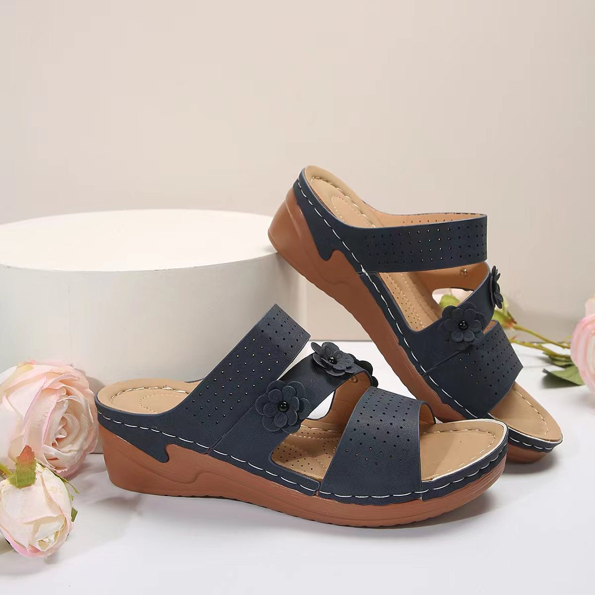 Flower PU Leather Wedge Sandals - Premium Ladies Sandals -  Follower Of Faith Apparel Beach sandals, Mid heel sandals, new arrival, new arrivals, Open toe sandals, Sale, Sandals, Ship From Overseas, Slip on sandals, Vacation sandals, Womens sandals, Women’s sandals, Women’s shoes, Y*H Shop our Christian T-Shirts & Apparel