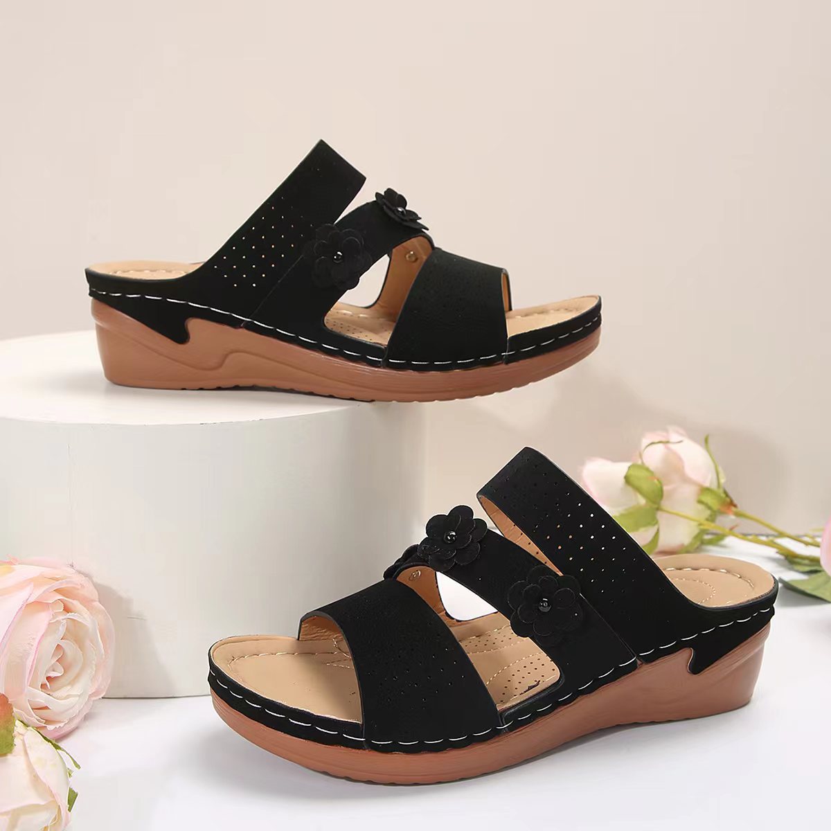 Flower PU Leather Wedge Sandals - Premium Ladies Sandals -  Follower Of Faith Apparel Beach sandals, Mid heel sandals, new arrival, new arrivals, Open toe sandals, Sale, Sandals, Ship From Overseas, Slip on sandals, Vacation sandals, Womens sandals, Women’s sandals, Women’s shoes, Y*H Shop our Christian T-Shirts & Apparel