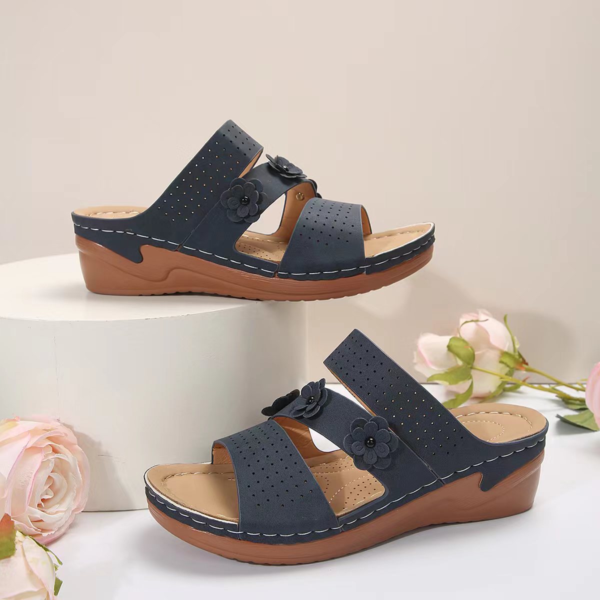 Flower PU Leather Wedge Sandals - Premium Ladies Sandals -  Follower Of Faith Apparel Beach sandals, Mid heel sandals, new arrival, new arrivals, Open toe sandals, Sale, Sandals, Ship From Overseas, Slip on sandals, Vacation sandals, Womens sandals, Women’s sandals, Women’s shoes, Y*H Shop our Christian T-Shirts & Apparel