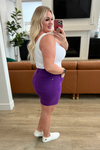 Judy Blue Jenna High Rise Control Top Cuffed Shorts in Purple - Premium Ladies shorts -  Follower Of Faith Apparel150268, 1XL, 2-21-2024, 2XL, 3XL, Bottoms, Control top., Denim, flatrate, JB Judy Blue, JB2-21-2024, JBAvailableNow, Judy Blue, Judy blue colorful shorts, Judy blue control top shorts in purple, Judy blue purple shorts, Judy blue shorts, Judy blue tummy control, Large, Medium, new, new arrival, new arrivals, Sale, Small, stretchy, Stretchy shorts, XL Shop our Christian T-Shirts & Apparel