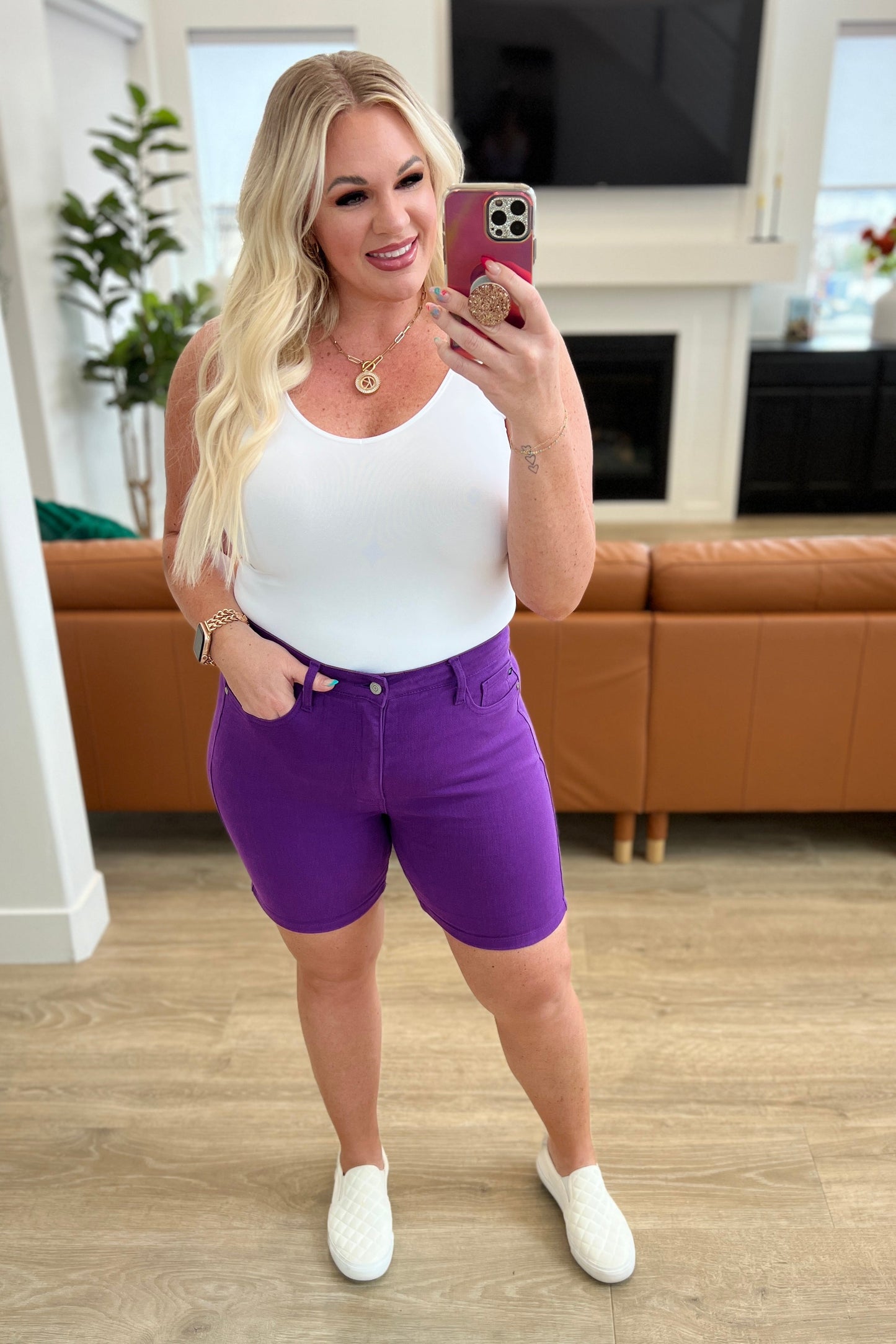 Judy Blue Jenna High Rise Control Top Cuffed Shorts in Purple - Premium Ladies shorts -  Follower Of Faith Apparel150268, 1XL, 2-21-2024, 2XL, 3XL, Bottoms, Control top., Denim, flatrate, JB Judy Blue, JB2-21-2024, JBAvailableNow, Judy Blue, Judy blue colorful shorts, Judy blue control top shorts in purple, Judy blue purple shorts, Judy blue shorts, Judy blue tummy control, Large, Medium, new, new arrival, new arrivals, Sale, Small, stretchy, Stretchy shorts, XL Shop our Christian T-Shirts & Apparel