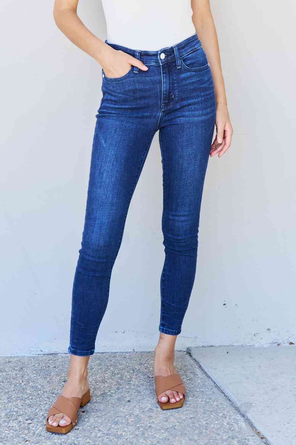 Judy Blue Marie Mid Rise Crinkle Ankle Skinny Jeans - Follower Of Faith Apparel