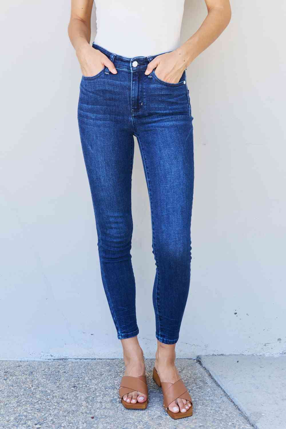 Judy Blue Marie Mid Rise Crinkle Ankle Skinny Jeans - Follower Of Faith Apparel