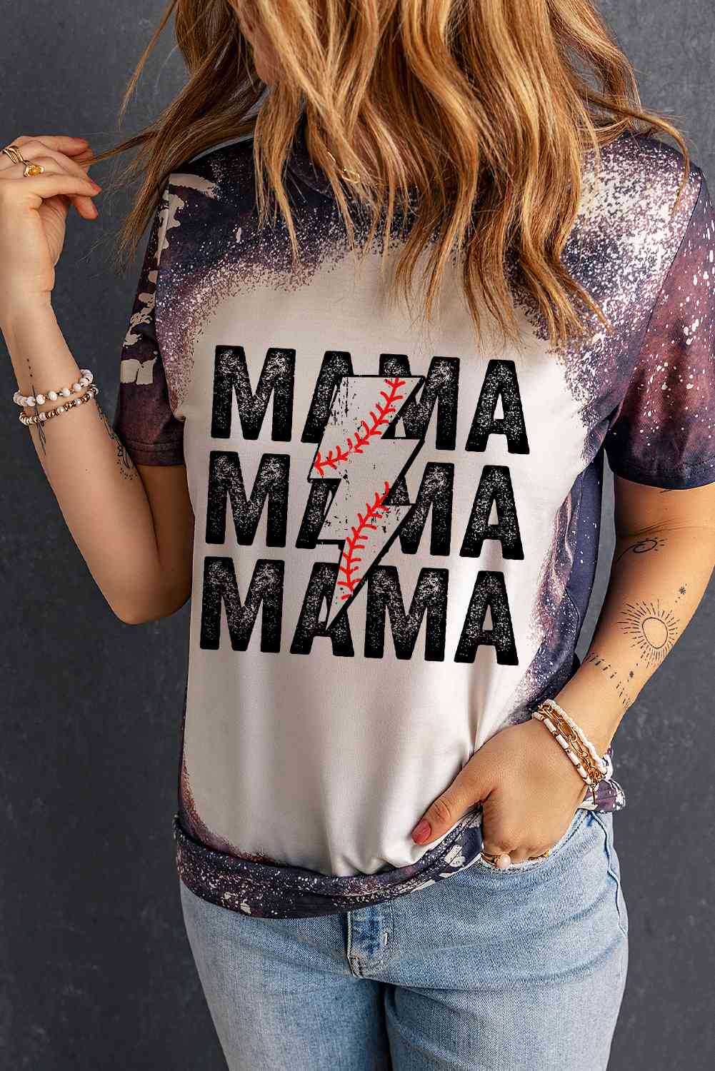 Colorful Bleached MAMA Baseball Ladies T-Shirt - Follower Of Faith Apparel