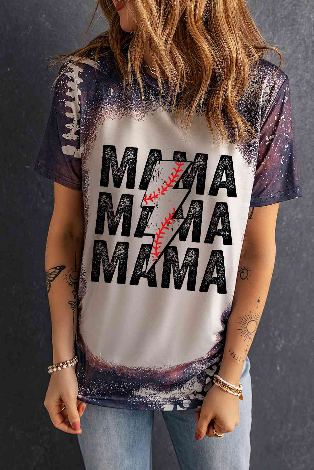 Colorful Bleached MAMA Baseball Ladies T-Shirt - Follower Of Faith Apparel