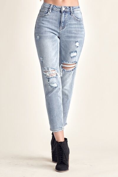 RISEN Distressed Slim Cropped Jeans - Premium Ladies jeans -  Follower Of Faith Apparel Fast delivery, fast shipping, Kancan, kancan crop, Kancan cropped jeans, Kancan distressed jeans, Kancan Jeans, kancan raw hem, Kancan raw hem jeans, Kancan slim crop jeans, kancan slim fit, Kancan vintage, new arrival, new arrivals, RISEN, Sale, Ship from USA Shop our Christian T-Shirts & Apparel