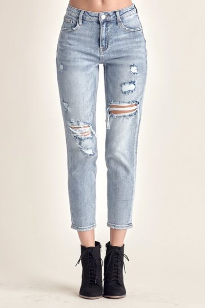 RISEN Distressed Slim Cropped Jeans - Premium Ladies jeans -  Follower Of Faith Apparel Fast delivery, fast shipping, Kancan, kancan crop, Kancan cropped jeans, Kancan distressed jeans, Kancan Jeans, kancan raw hem, Kancan raw hem jeans, Kancan slim crop jeans, kancan slim fit, Kancan vintage, new arrival, new arrivals, RISEN, Sale, Ship from USA Shop our Christian T-Shirts & Apparel