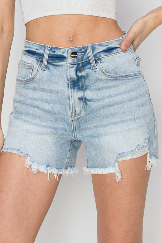 RISEN High Waist Frayed Denim Shorts - Premium Ladies jeans -  Follower Of Faith Apparel Fast delivery, fast shipping, Freyed shorts, high waist, High waisted shorts, Ladies summer clothing, Ladies summer shorts, new arrival, new arrivals, RISEN, Risen light wash shorts, Risen raw hem, Risen raw hem shorts, Risen shorts, Sale, Ship from USA, Summer apparel, summer picks, summer shorts, summer wear, Women's summer clothing Shop our Christian T-Shirts & Apparel