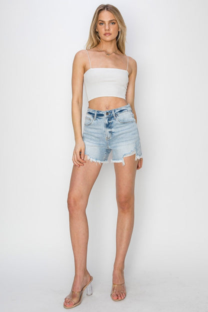 RISEN High Waist Frayed Denim Shorts - Premium Ladies jeans -  Follower Of Faith Apparel Fast delivery, fast shipping, Freyed shorts, high waist, High waisted shorts, Ladies summer clothing, Ladies summer shorts, new arrival, new arrivals, RISEN, Risen light wash shorts, Risen raw hem, Risen raw hem shorts, Risen shorts, Sale, Ship from USA, Summer apparel, summer picks, summer shorts, summer wear, Women's summer clothing Shop our Christian T-Shirts & Apparel