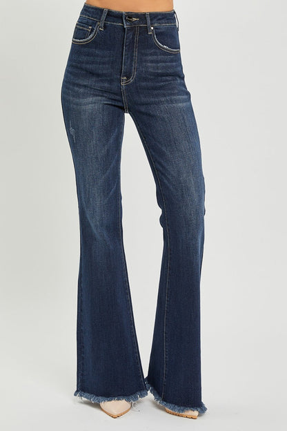 RISEN High Waist Raw Hem Flare Jeans - Premium Ladies jeans -  Follower Of Faith Apparel Fast delivery, fast shipping, new, new arrival, new arrivals, raw hem, raw hem jeans, RISEN, Risen bootcut, Risen flare jeans, Risen high waist flare jeans, Risen high waist wide leg, Risen raw hem jeans, Sale, Ship from USA Shop our Christian T-Shirts & Apparel