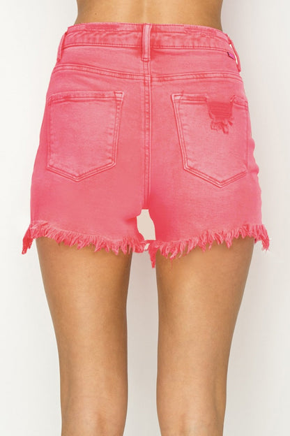 RISEN Pink High Waist Frayed Hem Denim Shorts - Premium Ladies shorts -  Follower Of Faith Apparel Distressed shorts, Fast delivery, fast shipping, new, new arrival, new arrivals, RISEN, Risen distressed shorts, Risen freyed shorts, Risen high rise shorts, Risen hot pink shorts, Sale, Ship from USA, Womens shorts, Womens summer clothing, Womens summer shorts Shop our Christian T-Shirts & Apparel