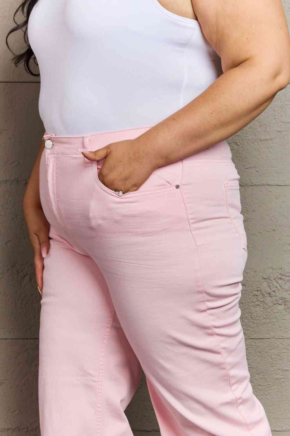 RISEN Raelene High Waist Wide Leg Jeans in Light Pink - Follower Of Faith Apparel