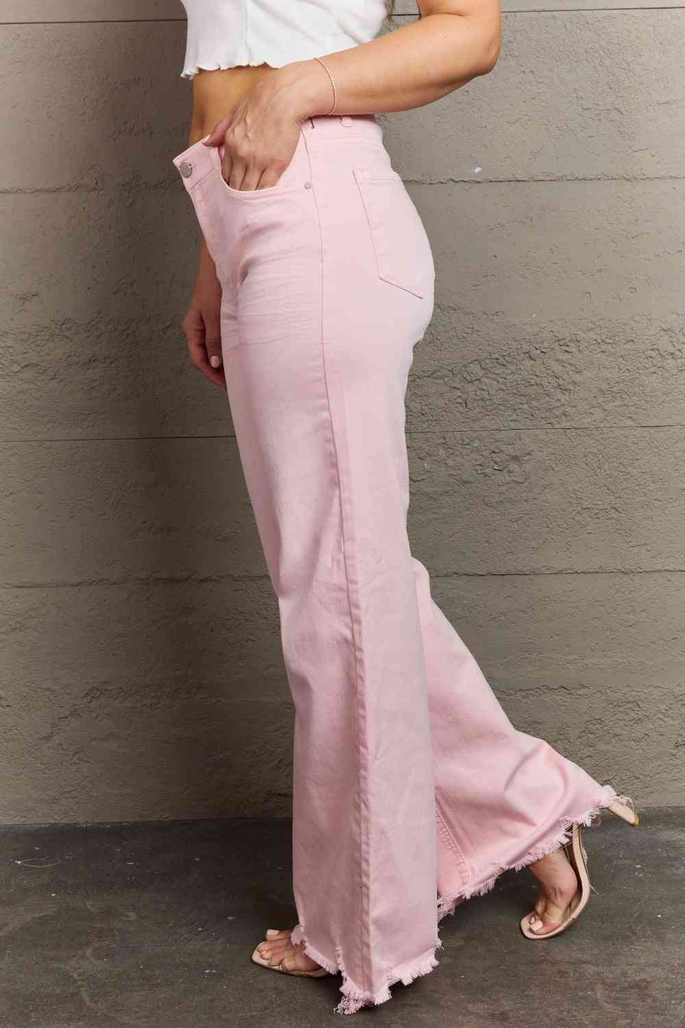 RISEN Raelene High Waist Wide Leg Jeans in Light Pink - Follower Of Faith Apparel