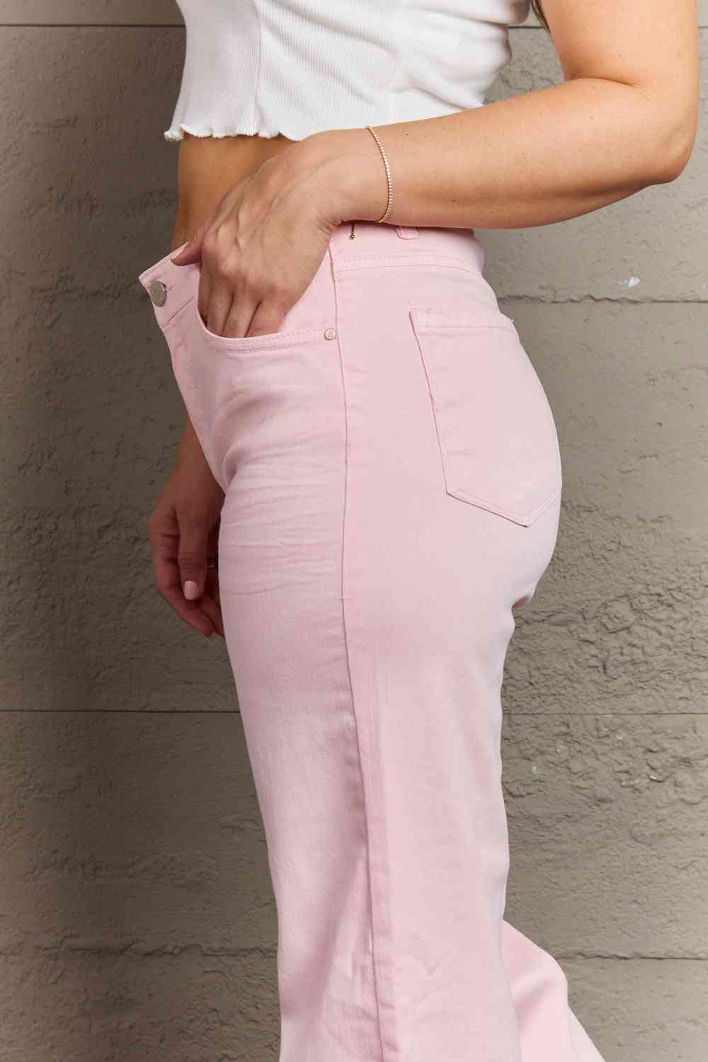 RISEN Raelene High Waist Wide Leg Jeans in Light Pink - Follower Of Faith Apparel