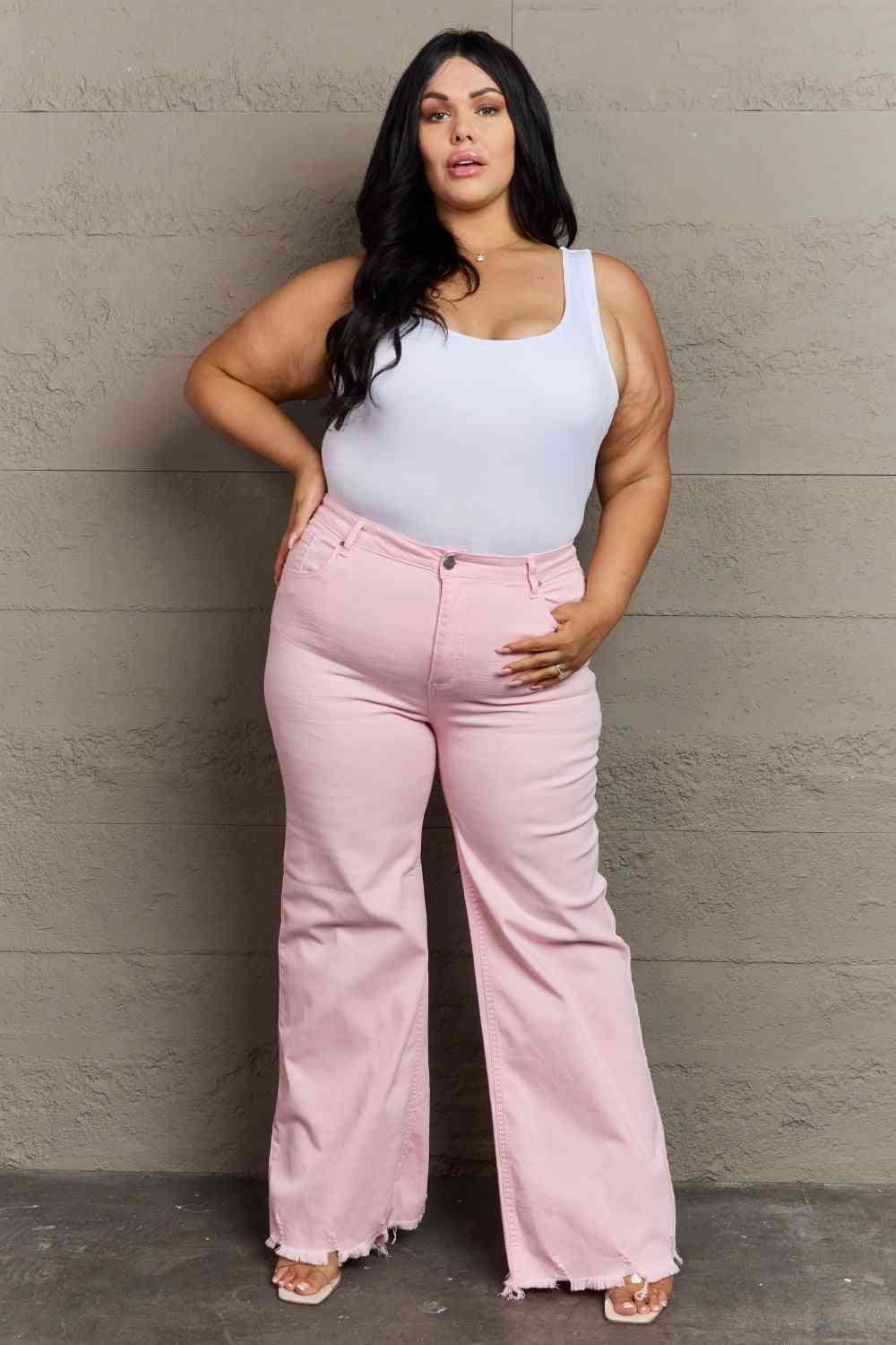 RISEN Raelene High Waist Wide Leg Jeans in Light Pink - Follower Of Faith Apparel