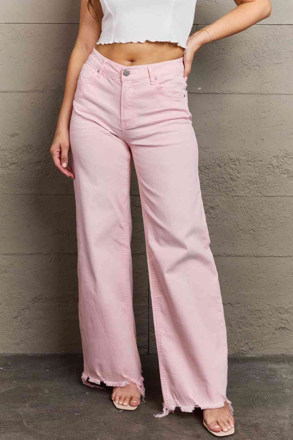 RISEN Raelene High Waist Wide Leg Jeans in Light Pink - Follower Of Faith Apparel