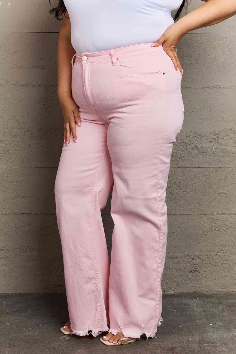 RISEN Raelene High Waist Wide Leg Jeans in Light Pink - Follower Of Faith Apparel