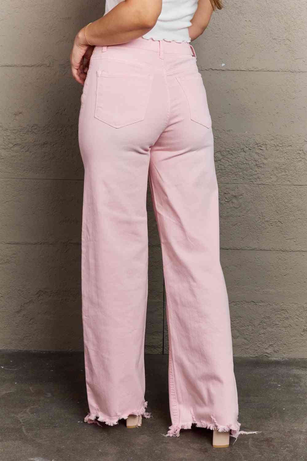 RISEN Raelene High Waist Wide Leg Jeans in Light Pink - Follower Of Faith Apparel