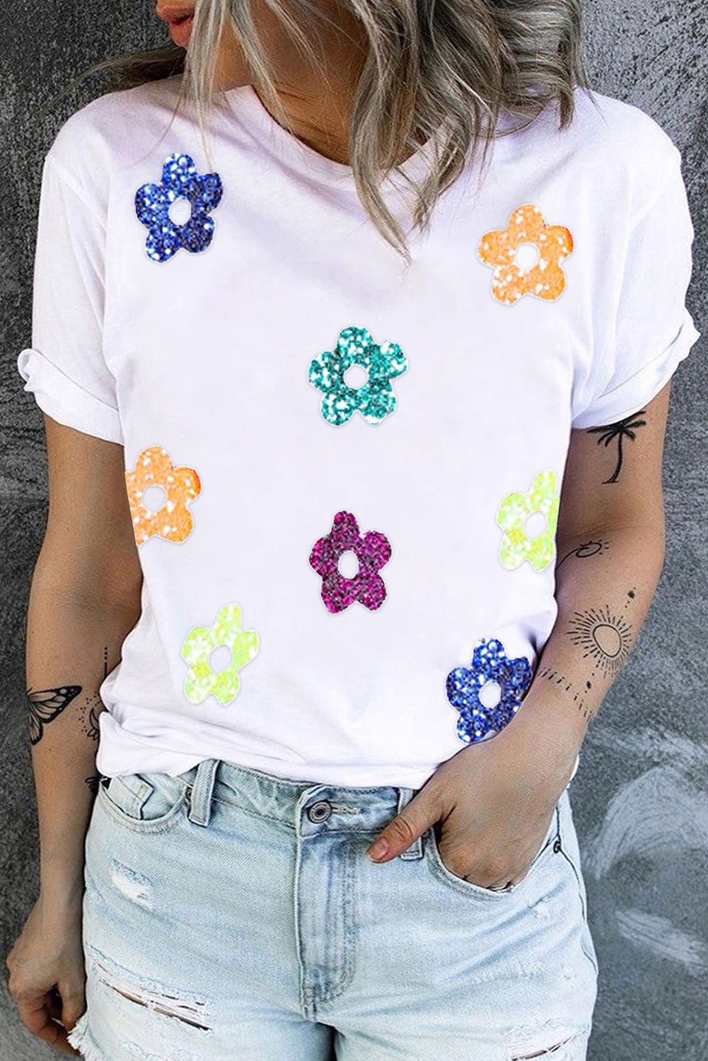 Sequin Flower Ladies T-Shirt - Premium Ladies T-Shirt -  Follower Of Faith Apparel ladies Short sleeve, ladies Short Sleeve t shirt, ladies Short Sleeve tee, ladies short sleeve tees, new arrival, new arrivals, Sale, Sequin floral tee, Sequin flowers t shirt, Sequin tee, Ship From Overseas, SYNZ, Womens t shirt, Womens tee, Womens top Shop our Christian T-Shirts & Apparel